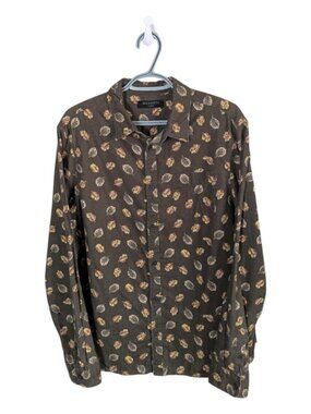All Saints Wieppe Leaf Print Button up Shirt Flannel Cotton Slim Fit Brown XL